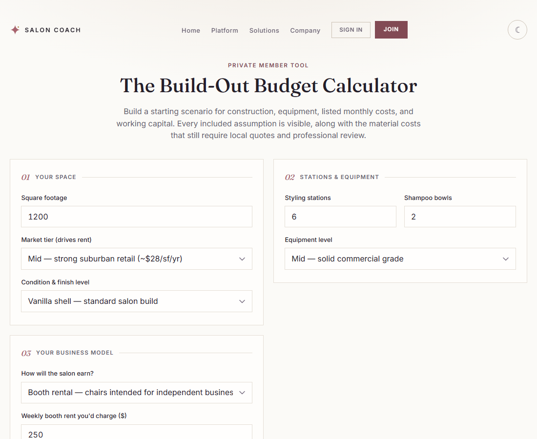Partial screenshot of the actual member build-out calculator showing space, equipment, and business-model fields