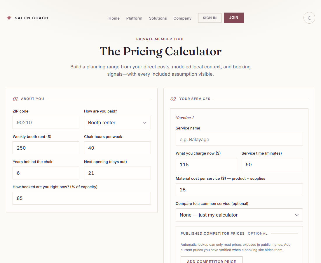 Partial screenshot of the actual member pricing calculator showing profile, service, and competitor-price fields